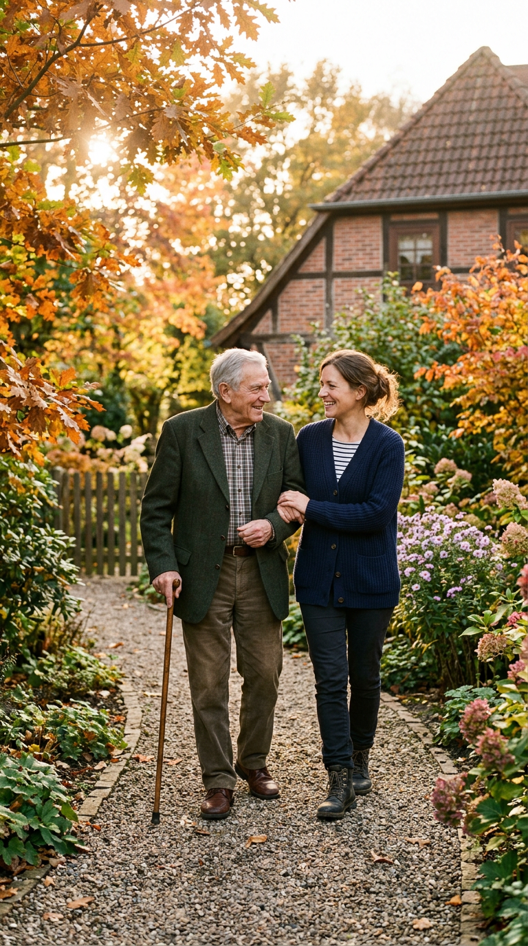 Betreuerin begleitet einen älteren Herrn mit Gehstock bei einem Spaziergang im Garten